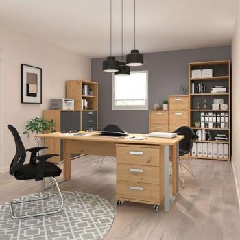 Muebles de Oficina Venture: Escritorio 180 cm, Estanterías y Cajoneras en Roble y Gris