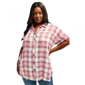 Yours Curve Pink Short Sleeve Viskose Check Top
