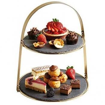 2-Tier Brass Cake Stand with Round Slate Serving Platters