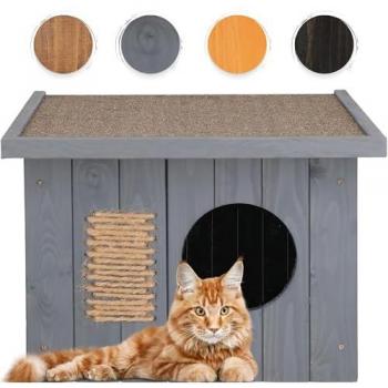 Abri Chat Extérieur Springos® en Bois 49,5×58×36 cm avec Toit Plat et Griffoir