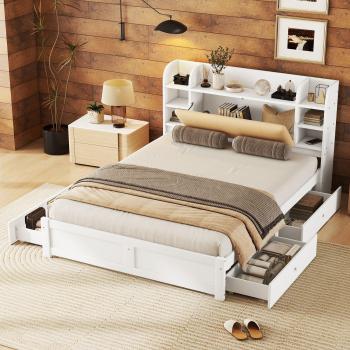 Cama blanca de 160 x 200 cm con cabecero con almacenamiento y 4 cajones