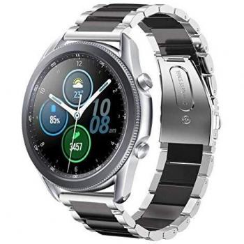 Stainless Steel Cufflinks Watch Strap Band for Galaxy Watch3 45MM Replacement (Black+Silver)