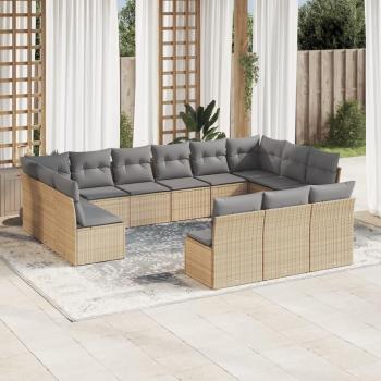 13-Piece Beige Poly Rattan Patio Sofa Set with Cushions