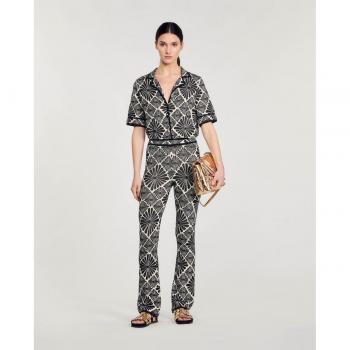 Ecru & Black Sandro Pyramide Flared Pants (Jacquard), Size 34 FR/2 US