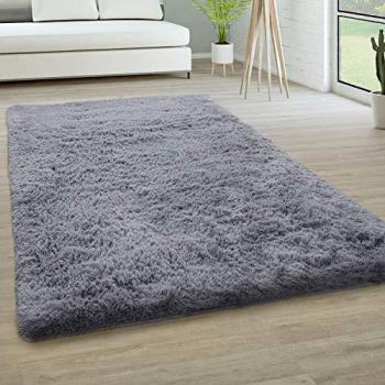 Tapis moelleux Paco Home – Faux pelage long, gris salon, 80 × 150 cm