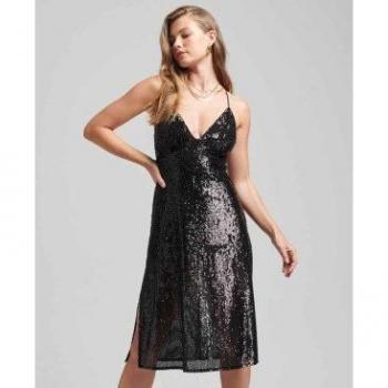 Superdry Robe Femme Plunge Midi à Sequins Noire