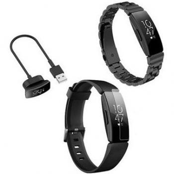 Ensemble complet bracelet acier inox + chargeur USB + film de gel écran – Fitbit Inspire HR – Noir (référence 5019706188566)
