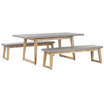 Set da Pranzo Esterno Moderno in Fibra di Cemento Grigio e Legno di Acacia Chiaro per 6 Persone con 2 Panche