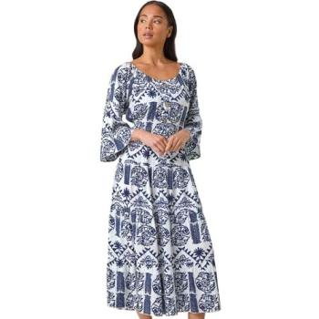 Abstract Navy Midi Dress with Buttons – Petite Size