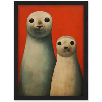 Artery8 “Seal Pup Portrait” – White & Red Cream with Crimson Coral, A4 Oil Print in Black Frame
