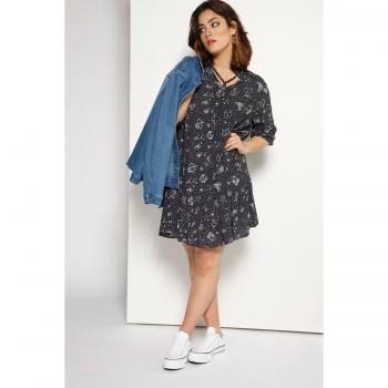 Plus Size Horoscope Print Ruffled Hem Tunic Dress, Black, Size 28/30, Viscose