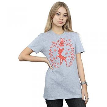 Disney Womens’ Bambi Christmas Wreath Boyfriend Top – Grey L