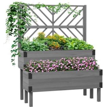 Two-Row Timber Raised Planter featuring Built-In Trellis (Gray)