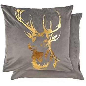 Foil‑Print Velvet Stag Cushion Cover Duo – Silver