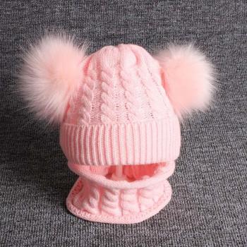 Baby Knitted Beanie and Scarf Set with Double Pompoms for Winter