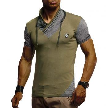 LEIF NELSON Herren Kurzarm-T-Shirt Stehkragen Slim Fit Khaki XX-Large