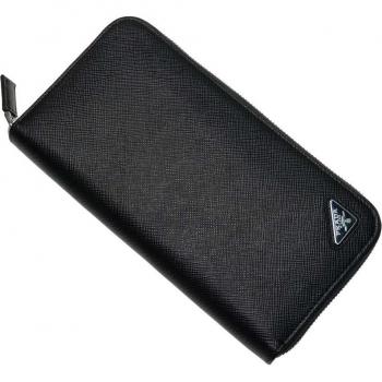 Prada Men’s Classic Round Zipper Wallet – Black Leather, 2ML317, Embossed Detail