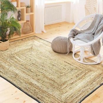 Tapis en jute naturel 120 x 170 cm Beige avec bande en coton Gris foncé