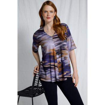 T-shirt a righe con scollatura a V, taglio svasato, mezze maniche, Donna, Blu, Taglia: 56/58, Viscosa