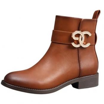 Camel Lace‑Buckle Crystal Ankle Boot with Fur Interior – 5 US