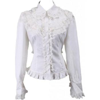 Blusa de Manga Larga para Mujer, Estilo Lolita, Algodón Transpirable, Color Blanco, Con Volantes
