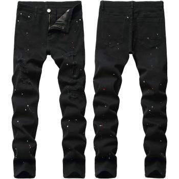 Men's Black Elastic Slim Ripped Jeans with Dot Print