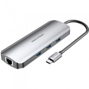 Adaptador USB Tipo-C Vention TOLHB/ 1xHDMI/ 3xUSB/ 1xUSB Tipo-C PD/ 1xRJ45/ Lector de Tarjetas SD y MicroSD/ Jack 3.5/ Gris