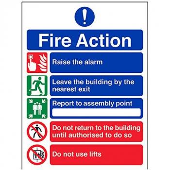 Fire Action 5‑Message Portrait Sign – VSafety 150x200 mm, 1 mm Plastic