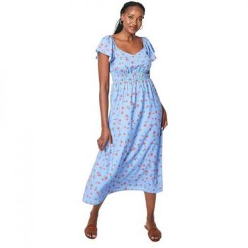 Womens Pink Ditsy Scoop Neck Flutter Sleeve Midi Dress