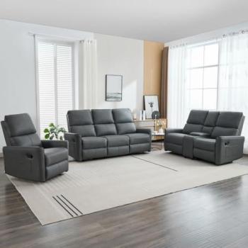 Madrid 1‑2‑3 Grey Leather Console Recliner Sofa Collection – Air‑Comfort Design