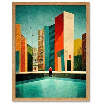 Light Oak Framed Midcentury Urban Landscape Print (12″ × 16″)