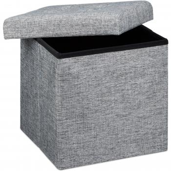 Pouf Cubo Piega Pieghevole Relaxdays, Sgabello Multiuso con Coperchio Rimovibile e Contenitore Interno, Tessuto in Lino, Misure 38x38x38 cm, Colore Grigio