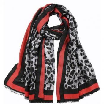 Safari Stripe Ladies' Long Shawl – Soft Cotton-Linen Mix with Leopard Motif