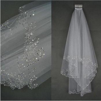 White Ivory Wedding Veil 75 CM 2 Layers with Comb and Beaded Edge