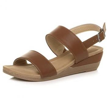 Low Heel Strappy Faux Leather Wedges – Women’s Tan