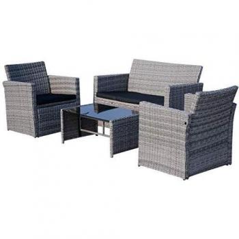 Outsunny Set 4 P.zi Mobili da Giardino in Rattan (PE), Salotto da Esterni con Tavolo, 2 Sedie, Divano due posti, Grigio
