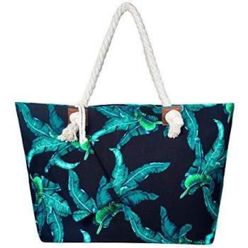 Meerblau‑Strandbag – wasserfest, mit Blatt‑Muster, großer Reißverschluss