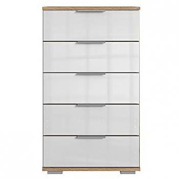 LOMADOX Schubladenschrank ELSTRA‑43 – Plankeneiche N.B., Weißglas (49 × 102 × 41 cm)