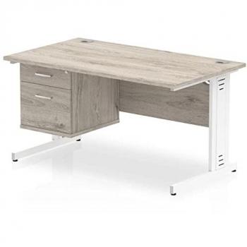 Impulse 1400x800 Desk, Grey Oak Top, White Leg + Fixed Pedestal
