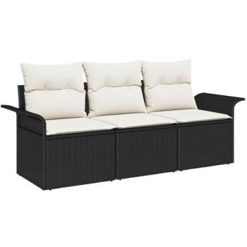 Set divano da giardino in polyrattan nero con cuscini