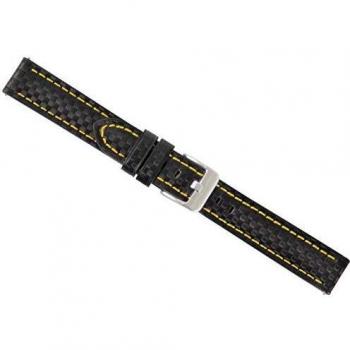 BandOh 20 mm Leder-Uhrband Schwarz mit gelber Naht, Carbon‑Style, Dornverschluss