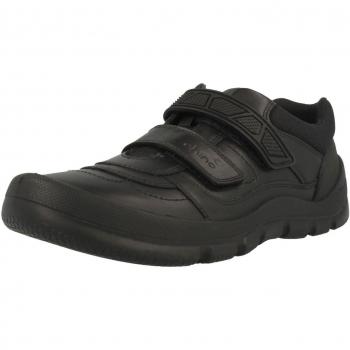 Rhino Warrior Black Leather Boys Rip-Tape School Shoes