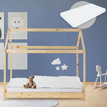 Lit d'Enfants en Bois 80x160 cm avec Sommier et Toit
