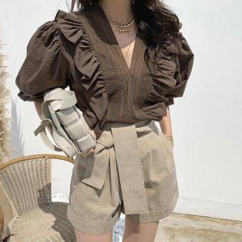 Korean Style V-Neck Lace Ruffle Blouse & High-Waist Lace-Up Shorts Suit