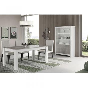 Ensemble Salon Blanc & Gris Marbré avec Table de 160 cm + Vitrine LED à 4 Portes