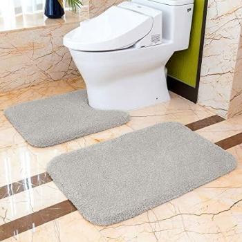 VANZAVANZU Non Slip Bath Mat Set 2 Piece Thickened Bathroom Mat Set Absorbent Ultra Soft Bath and Pedestal Toilet Mat Set Fluffy Microfiber Toilet Rug