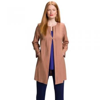 Giacca lunga in lino elasticizzato con pieghe, scollo a girocollo, Donna, Marrone, Taglia 50