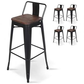 Taburetes Industriales KOSMI: Barra Negra Mate, Asiento/Respaldo de Madera Oscura – 4 piezas (76 cm)