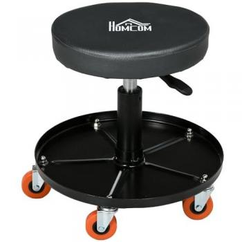 HOMCOM Workshop Stool with Pneumatic Adjustable Height, Rolling Mechanic Stool with 360 Degree Swivel Padded Seat and Tool Tray for Garage