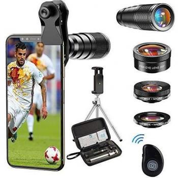 Apexel kit d'objectifs pour smartphone 22X téléobjectif + 25X macro + 120° grand angle + 205° fisheye avec trépied et télécommande pour iPhone 11 Pro Huawei P30 Samsung
